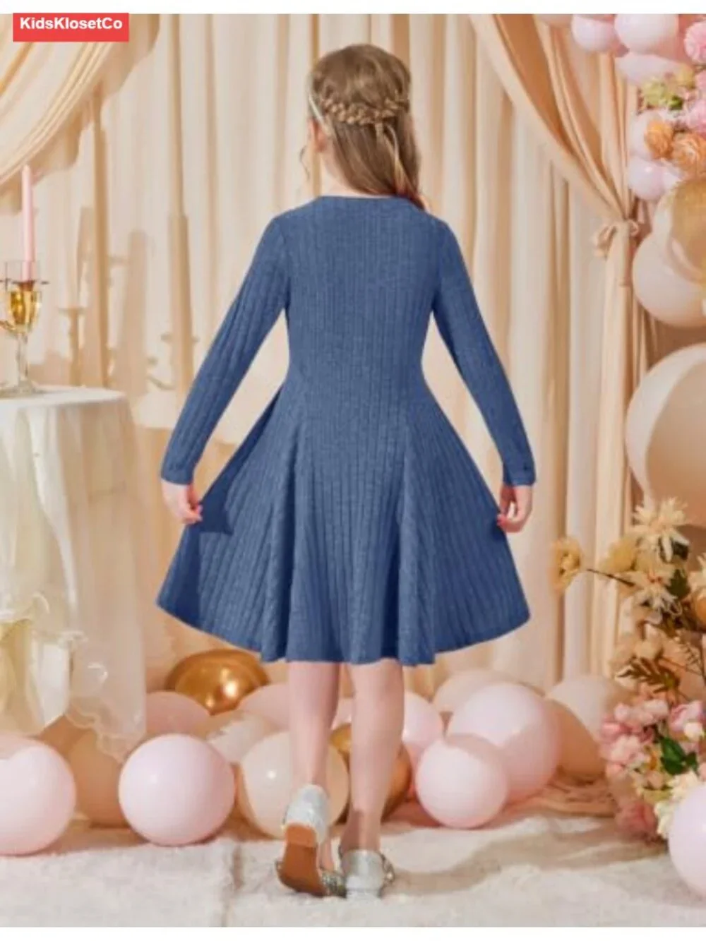 Girls Ribbed Knit Sweater Dress Long Sleeve A-Line Casual Fall Winter